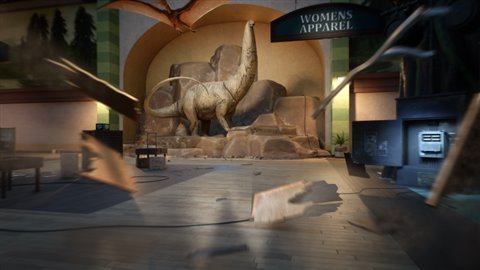 Dinosaur exhibits beside the gift shops