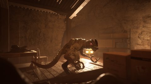 Red-eyed dinosaur in the workshop